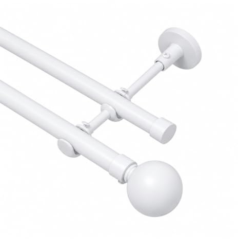Lister Cartwright Double Eyelet Curtain Extendable Pole Set with White Ball Finials – 19mm & 28mm Metal Poles for Layered Curtains, Sheer & Blackout, Brackets, & Fixings (120-220 cm)