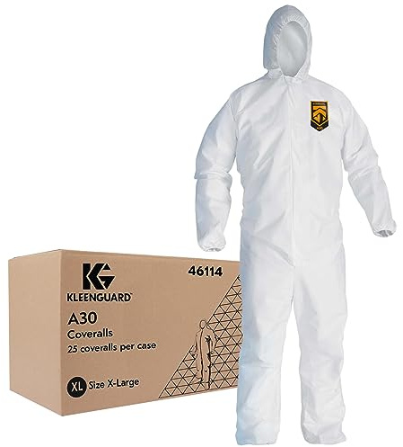 KleenGuard 46114 A30 Elastic-Back & Cuff Hooded Coveralls, White, X-Large (Case of 25)