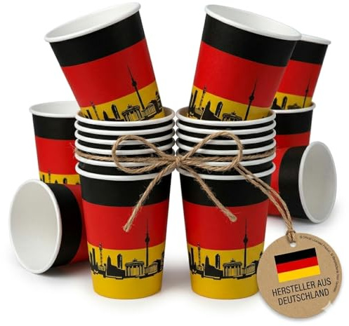 DH-Konzept Deutschland Partybecher 200ml (10 Stück) – Pappbecher Schwarz Rot Gold mit Skyline – Einweggeschirr für WM 2026, EM, Public Viewing & Deutschland Party – Made in Germany