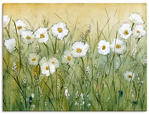 ARTLAND Wanddeko Leinwand Bilder Wandbild 80 x 60 cm Botanik Blumen Gänseblümchen Malerei Grün Gänseblümchenfrühling II T1AS