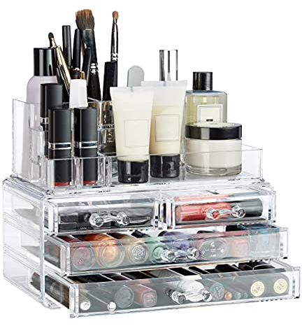 Relaxdays Make Up Organizer mit 4 Schubladen, Kosmetik Halter Nagellack u. Lippenstift, Acryl, transparent, 185 x 71 x 90 cm