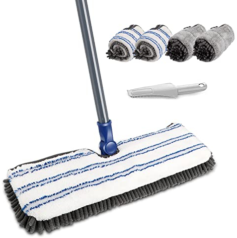 Masthome Chenille Flat Floor Mop, Large Microfibre Mop with Adjustable Stainless Steel Handle & 4 Reusable Washable Pads, Household Mops with Dirt Removal Scrubber for Hardwood Laminate Tile