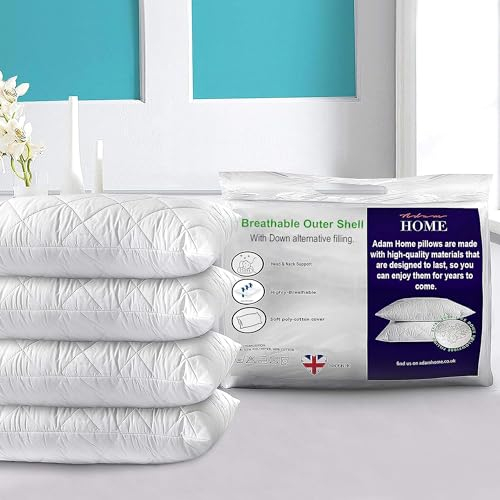Adam Home Premium Pillows 4 Pack Hotel Quality Firm Support with Quilted Cover Hypoallergenic and Anti Dust Mite Soft Hollow-Fiber Down Alternative Bed Pillow for Stomach Back and Side Sleeper