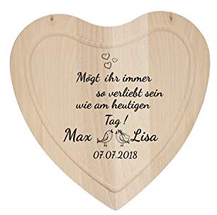 Tagliere personalizzato con motivo a forma di cuore 10 mm – Tagliere in legno con scanalatura – Idea regalo personalizzata per matrimonio – Robusto tagliere per la colazione (motivo aptzen)
