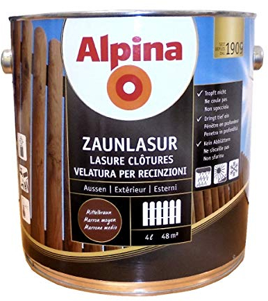 Alpina 4 L. Zaunlasur, Mittelbraun, für außen, wasserbasiert, für ca. 48 m²