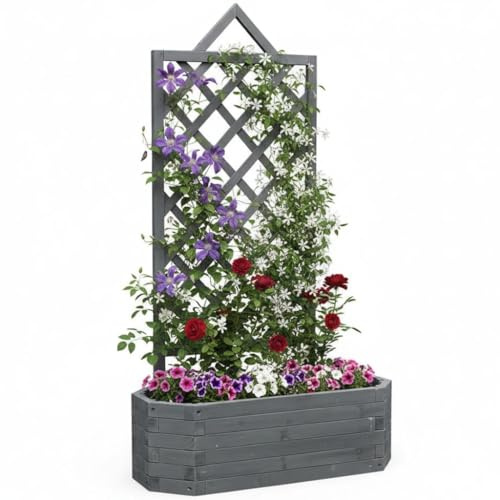 Melko Spalier mit Pflanzkasten Rankhilfe Rankgitter 150 cm Holz Grau | als Sichtschutz für Balkon und Terrasse, wetterfest imprägniert, für Rosen, Efeu und Clematis, Grundfläche 86x38 cm