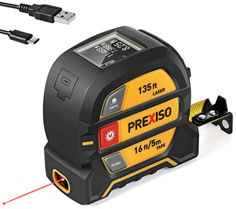 PREXISO Télémètre Laser 2 en 1, Mètre Ruban Laser Rechargeable avec Laser de 40M et Ruban de 5M, Outil de Mesure Laser avec Crochet Magnétique Mobile, Mode Pythagore, Unité à Changement Libre