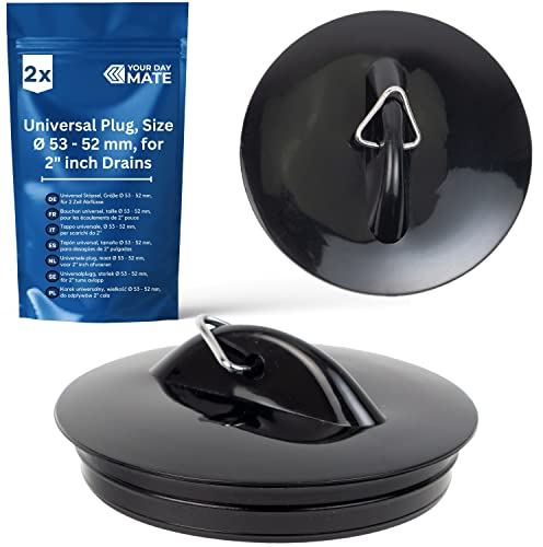 Tappo universale, Set da 2, per Lavabo e Vasca da Bagno, Tappo per scarichi da 2“, Ø da 53 – 52 mm, PVC, nero, Tappo di Scarico per vasca da bagno, per lavandino, lavabo, adatto a lavello da cucina
