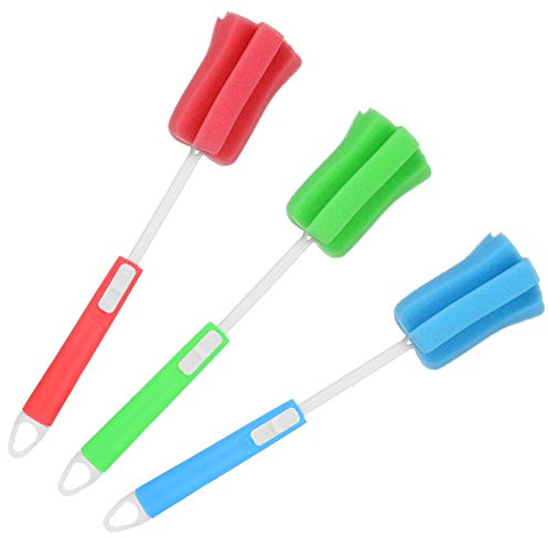 Opopark 3Pcs Sponge Bottle Brushes with Adjustable Long Handle, Soft Dishwashing Foam Cleaning Brushes for Cups Mugs Kettles Wine Glasses