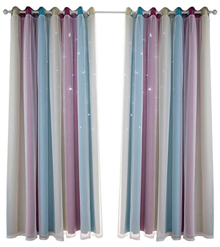 Nyescasa Sterne Vorhänge Kinderzimmer Verdunkelungs Vorhänge mit Voile Kinder Gardinen Doppelter Hohler Sterne Vorhänge Für Kinder Doppelschicht Vorhänge 1 Panel (Lila 53 B x 63 H)