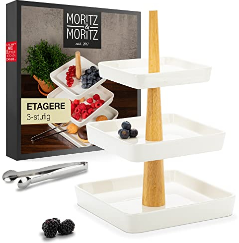 Moritz & Moritz Obst Etagere 3 Etagen - Inkl. Zange - Aus hochwertigem Porzellan - Moderne Küchen Deko oder Party Deko - Perfekt als Obstschale für Obst Aufbewahrung, Muffins und Cupcakes