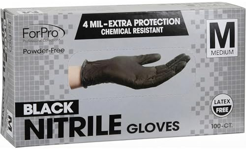 ForPro Professional Collection Disposable Nitrile Gloves, Chemical Resistant, Powder-Free, Latex-Free, Non-Sterile, Food Safe, 4 Mil, Black, Medium, 100-Count