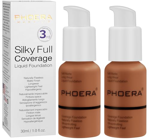 PHOERA Foundation, PHOERA grundfärg makeup concealer heltäckande, anti-aging hydrating serum med matt naturlig lätt finish (2 st – 109-mocha, 30,00 g (1-pack)
