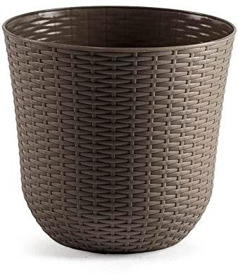 AC - Maceta Redonda - Fabricación en plástico – Diseño Rattan – Ideal como macetero, Tiesto, Recipiente para Plantas, Flores, balcón, terraza, jardín – Ø 33 cm – Color Topo