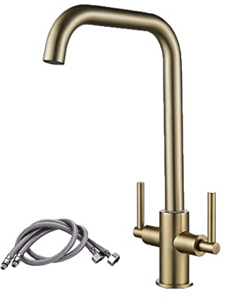 Luckyhome Kitchen Mixer Taps,Monobloc Dual Lever Chrome Brass Kitchen Sink Tap Faucet（Gold）