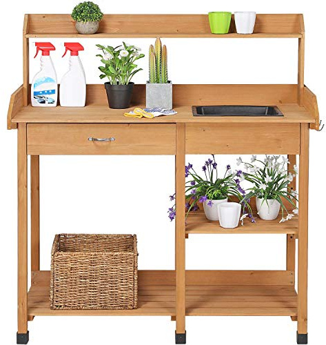 Yaheetech Mesa de Jardinería Exterior, Mesa de Trabajo y Cultivo para Terraza, Soporte para Macetas con Ganchos, Tamaño 114.8x45x121 cm