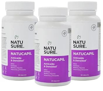 NATUSURE NatuCapil – Pack de 3 (180 Cápsulas) – Suplemento con Biotina, Zinc, Hierro, Vitaminas B, C, D, E y Extractos Naturales – Anticaída, Crecimiento de Cabello – Piel y Uñas – Suministro 3 Meses