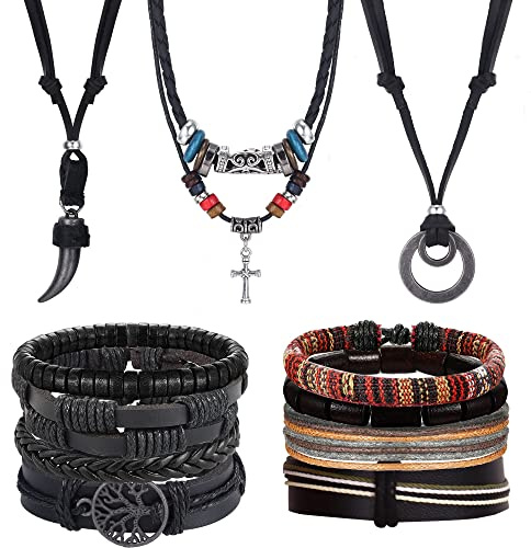 Kakonia 11 Piezas Pulsera De Cuero Cadena De Cuero Hombre Damas Conjunto De Joyería Trenzado Boho Ethnic Wrap Pulsera Puño Hecho A Mano Pulseras Ajustables Collar