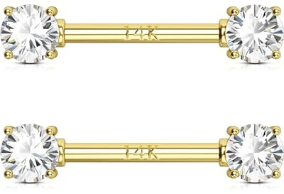 OUFER Nipple Bars 14K Solid Gold Nipple Rings Women 14G Nipple Piercings Jewellery Clear CZ Nipple Piercings Bars Nipple Barbell for Men Women