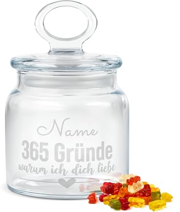 Print Royal PR Personalisierte Keksdose aus Glas mit Gravur - 550 ml - 365 Gründe warum ich dich Liebe mit Name als Geschenk für Frauen zum Jahrestag | Personalisiertes Geschenk Ideen Geburtstag