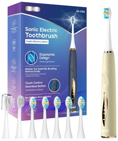 Seago Elektrische UltraschallZahnbürste, Drucksensorerinnerung und Bürstenköpfe Ersatzerinnerung, 8 Bürstenköpfe, 5 Modi und Nahtlose Taste, Schallzahnbürste für Erwachsene, SG2753 (Beige)