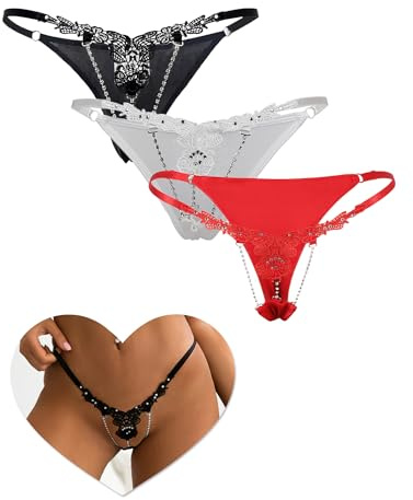 ohyeahlady G-String Thongs for Women Slutty Sexy Panties T-Back Underwear | Soft Comfortable Lace Applique, Rhinestone Chain Detail, Adjustable Waist, Flattering Fit, Rave Party Knickers, S-2XL