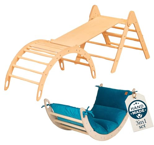 WoodsCraft 3in1 Set: Kletterdreieck mit Rutsche Indoor/Klettern Rampe & Kletterbogen mit Kissen | Holz Montessori Klettergerüst Indoor Spielgeräte & Spielplatz | Klettern Kinder Indoor & Klettern Baby