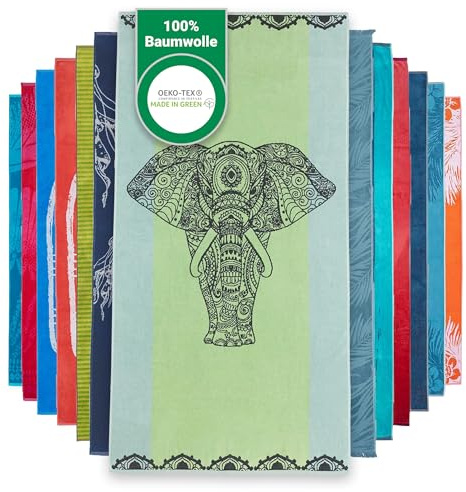 BaSaTex Baumwolle Velours Strandtuch, 90x180 cm, Elefant Grün | 100% Baumwolle, Made in Green Zertifiziert, Frottee Seite, Velours Seite, Strandhandtuch
