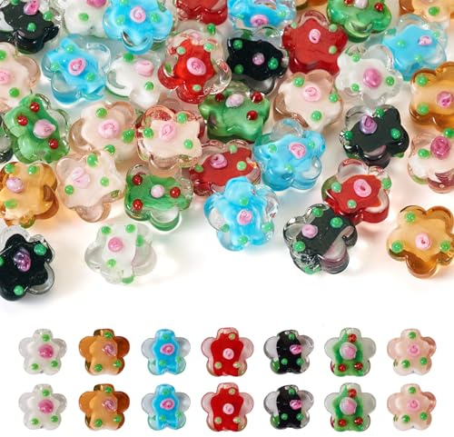 PandaHall 42 st blomma lampwork pärlor plommon blomma glaspärlor blommiga glasdistanspärlor för halsband örhänge armband smyckestillverkning