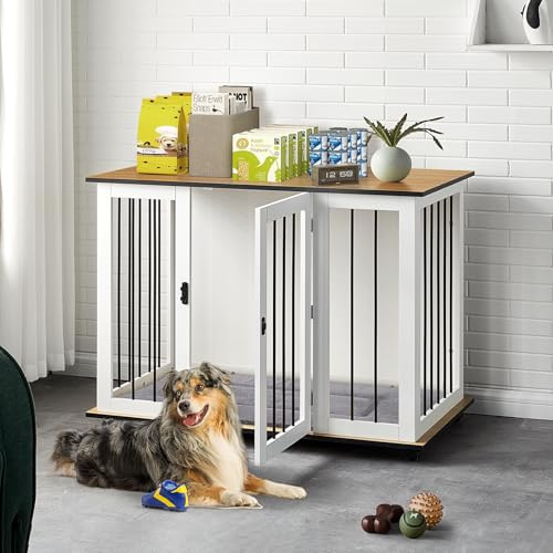 CLIPOP XL Hundebox Holz Indoor Pet Kennel für Hunde mit abschließbarer Tür und 5 Rädern, 42 Zoll Möbelstil Tierkäfig mit Metallrahmen für mittelgroße/große Hunde