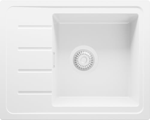 PRIMAGRAN Fregadero Cocina al Mueble 45cm + Kit de desagüe, 55x44cm | Set: Kit de desagüe (sifón, válvula, rebosadero) + Copenhague Easy 1 Seno Granito, Todo Blanco