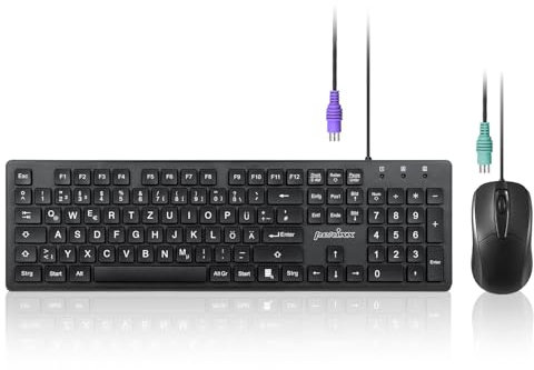 Perixx PERIDUO-117P, Kabelgebundenes Standard PS2 Tastatur-Maus-Set - Deutsches QWERTZ-Layout - Set mit 3-Tasten-optischer PS2-Maus - 1,8m Kabel - Schwarz