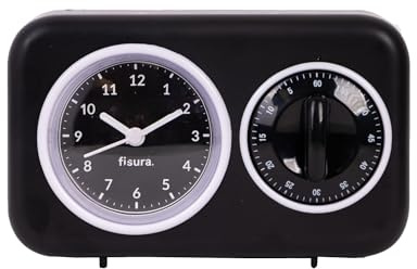 Fisura - Minuteur de Cuisine rétro Noir. Minuteur de Cuisine analogique 60 Minutes. Minuteur Multifonction avec Horloge et Fonction Alarme. Minuteur Pomodoro.
