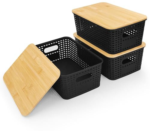 LYLIDIA Scatole di Conservazione con Coperchio in Bambù 5L 3PCS Nero Scatole Portaoggetti Contenitori in Plastica Cestini con Coperchio in Legno Impilabili Organizer Bagno Cucina Armadio Ufficio
