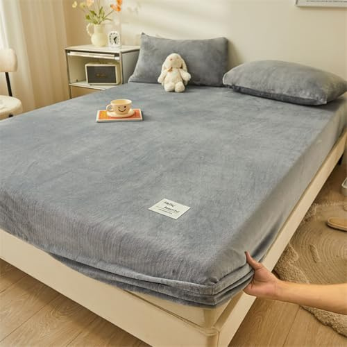 Epinki Bettlaken & 2er Kissenbezüge 150x200cm Set 3teilig Deko, Spannbetttücher Winter Einfarbig Hellgrau Matratzenschutz, Samt Tagesdecken Unterbett als Schutz für Boxspringbett & Topper
