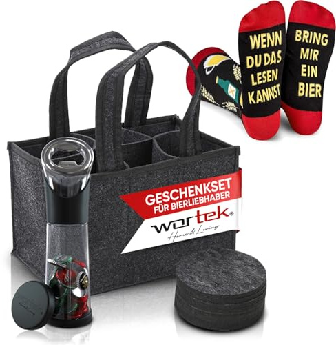 wortek lustige Geschenke für Männer Geburtstag - Männerhandtasche Bier Flaschenöffner mit Auffangbehälter Filzuntersetzer und Socken – Bier Geschenke für Männer lustige Socken 41-45 Männer Geschenke
