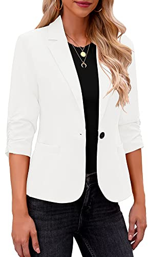 Roskiky Blazer élégant pour femme, veste à manches 3/4 d’affaires, look décontracté, costumes pour bureau, Blanc brut, L