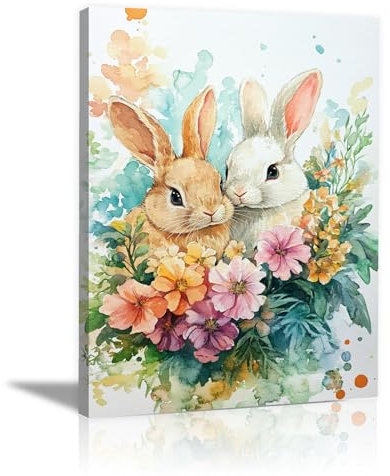 WUFIEA Moderne Poster Deko Hase Bilder Leinwand Bild Wandkunst, Zwei Kaninchen in einem Blumenstrauß Rustikale Stil Wandbilder für Wohnzimmer Schlafzimmer Deko - 70x100cm Gerahmt(polychrom)