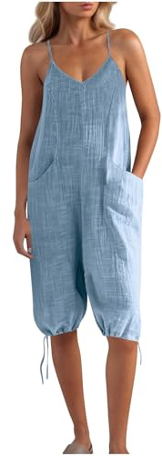 Women's One Piece Jumpsuit Casual Loose Sleeveless Overalls Spaghetti Straps Summer Dungarees One Piece Romper Playsuit with Pockets