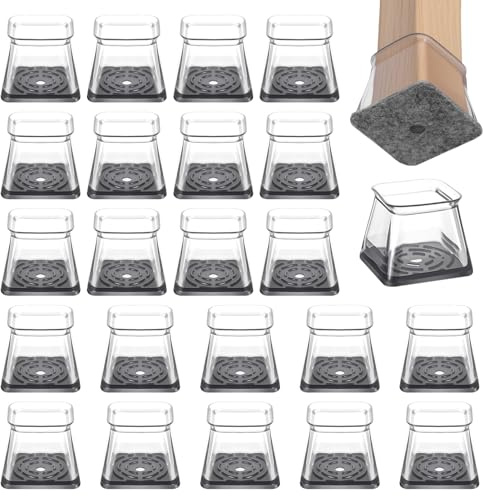 saerryor 24 Pcs Square Chair Leg Floor Protectors, Grey Silicone Felt Pads, Non-Slip Furniture Pads for Hardwood Tile Floors Fits 26-38mm Chair Legs, Noise Reducing & Scratch Proof