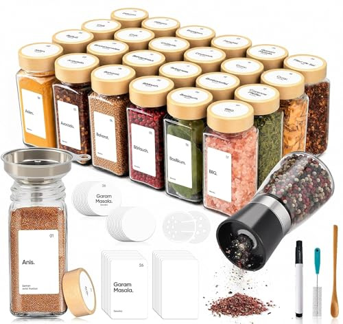 Mocraft 24er Gewürzgläser Set – 120 ml, eckig, mit Bambusdeckel | inkl. Gewürzmühle 200 Etiketten Vorratsgläser leer für Gewürze, Kräuter Tee ideal als Gewürzregal Organizer für die Küche