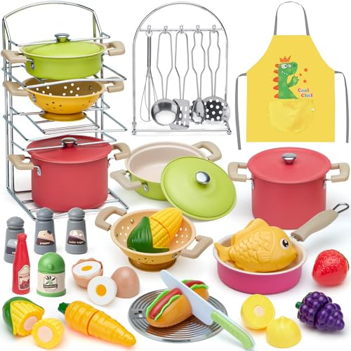 Tacobear Accessori Cucina Giocattolo per Bambini Acciaio Inossidabile Pentole Set Utensili Cucina con Cibo Frutta da Tagliare e Grembiule Chef Gioco di Ruolo per Bambina Bambino 3 4 5 Anni