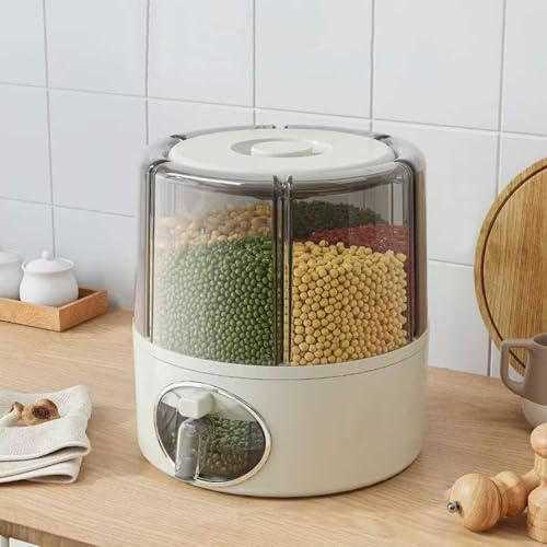 Contenitore per la conservazione dei cereali rotante a 360° - Dispenser trasparente per riso a 6 scomparti con erogazione a un clic, organizzatore ermetico per alimenti secchi per riso, legumi