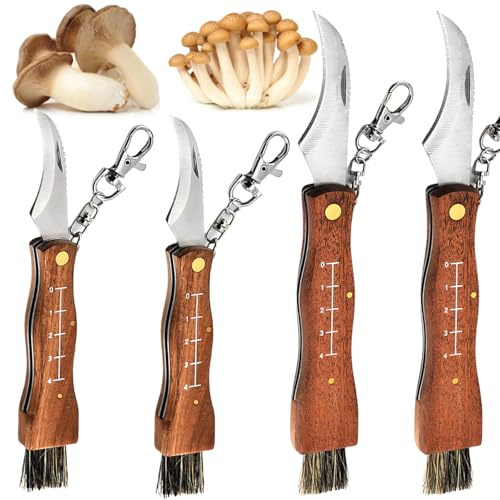 Couteau à champignons 4 pièces avec brosse et règle, couteau de poche à champignons/truffes, couteau à champignons pliant couteau pliant d'extérieur ensemble de couteaux à champignons cadeau (2L+2S)