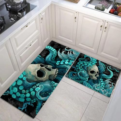 JEDTAKCT 2 Stück Küchenteppich Totenkopf Tentakeln Waschbar rutschfest Küchenläufer Psychedelische Wellen Gedrucktes Muster Küche Flur Bodenmatte Läufer Teppich (Türkis), 50X80Cm+50X150Cm
