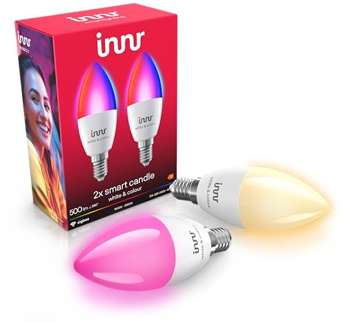 Innr Zigbee E14 Smart lampa, fungerar med Hue* och Alexa (brygga krävs), vitt och färgat ljus, 16 miljoner färger, LED-ljus i ljusform, smart glödlampa, E14 dimbar, 500 lumen, 2 stycken