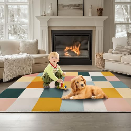 Generisch Kurzflor Teppich Einfache Farbblöcke Elegante Quadrate 120 x 180 cm rutschfest Kurzflor Schlafzimmer Teppich Waschbar Bettvorleger Teppiche Farbe, für Flur Wohnzimmer Schlafzimmer Esszimmer