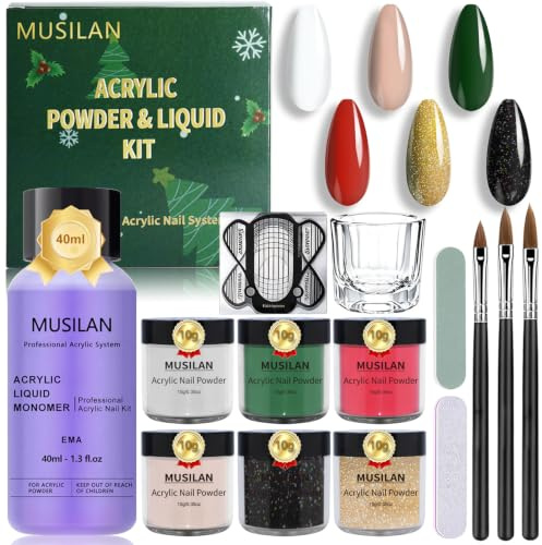 MUSILAN Akrylnagelset – 6 st. akrylpulver och EMA akrylvätska akrylnaglar startset för nagelförlängning, med akrylnagelborstar nagelformer för nybörjare nagelxperter hem gör-det-själv 3D nagelkonst