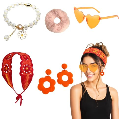 KEORHEZ Hippie Kostüm Damen 6 Teile, Flower Power Accessoires, Inklusive Stirnband, Brille, Ohrringen, Armband, Haarreif, 70er-Jahre-Kostüm für Damen, Perfekt für Alltagspartys Usw (Orange)