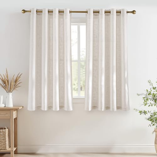 PONY DANCE Leinen Gardinen mit Ösen Wohnzimmer Vorhang Halbtransparent | 2er Set, H145 x B140 cm, Kurz, Bräunlich Weiß, 220g/m², Dicht, Schwer, Leinenoptik, Sonnenschutz, Boho, für Schlafzimmer